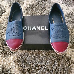 100% Authentic Blue/Red Chanel Espadrilles Flats Lambskin Leather-- Size 6